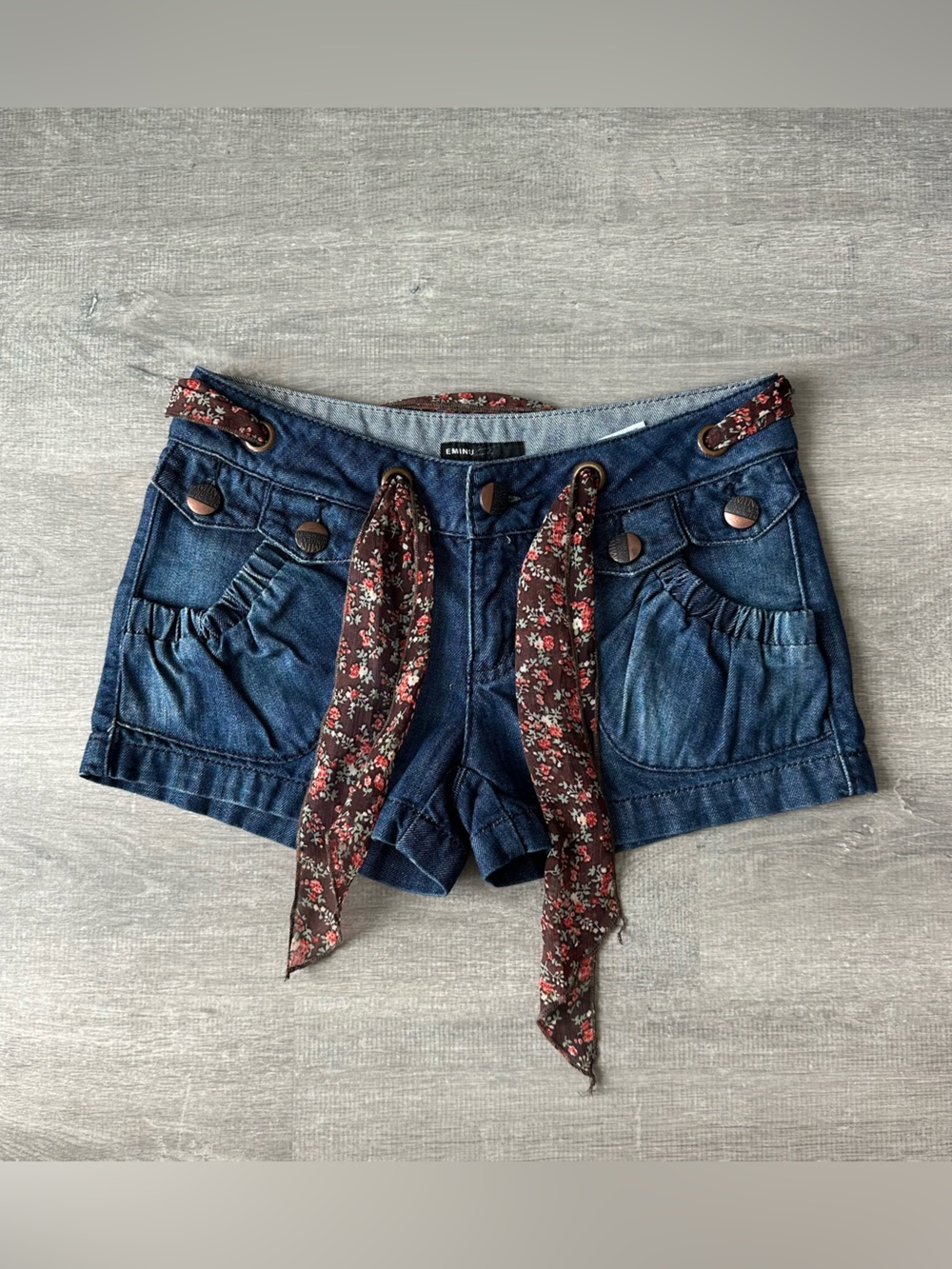 Y2K Vintage EMINU Denim Shorts with Floral Tie belt Detail Low Rise